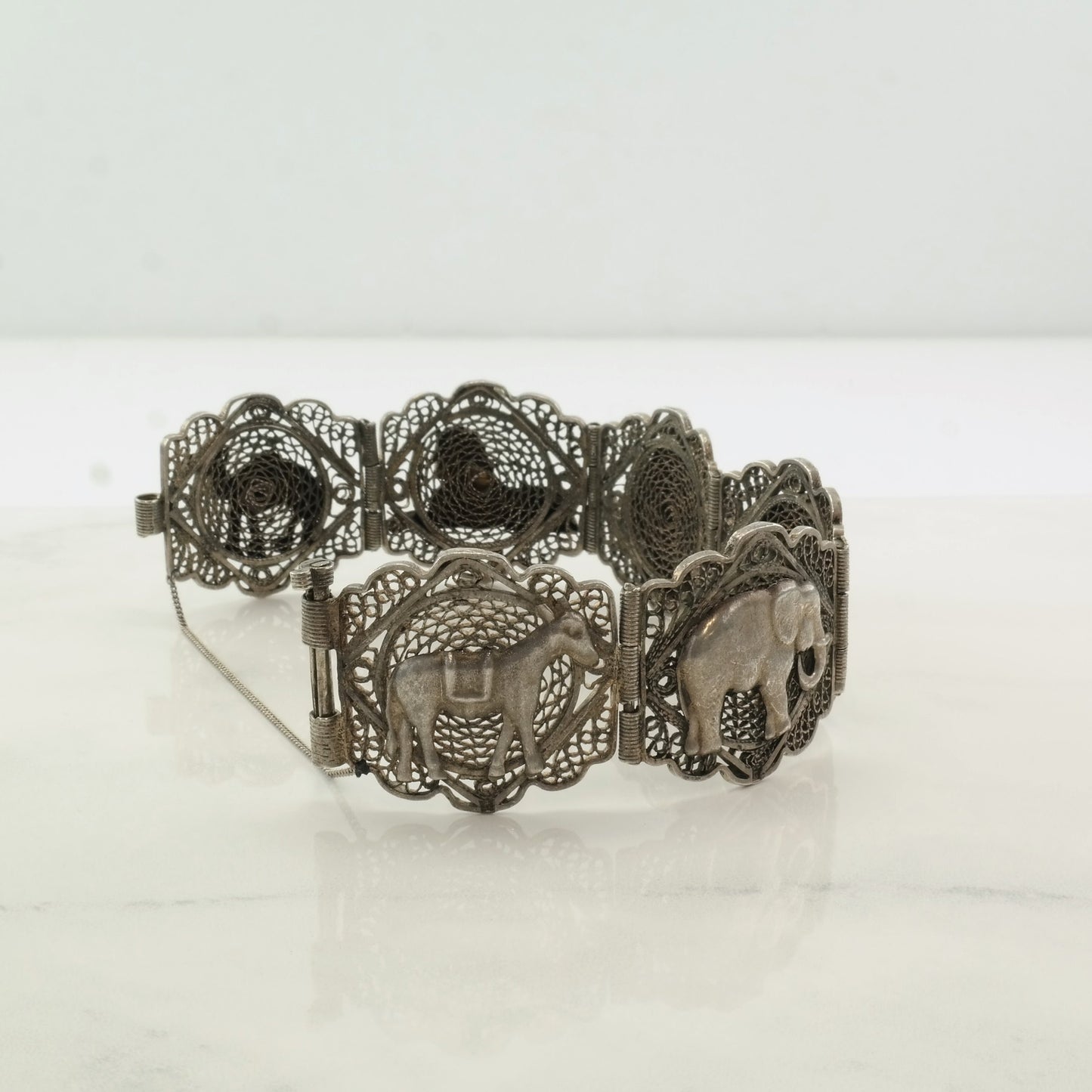 Archeological Revival Sterling Silver Link Filigree Bracelet