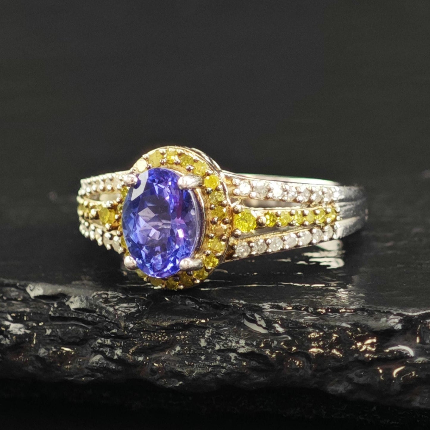 Tanzanite White & Yellow Diamond Sterling Silver Ring Sz 5 R6587