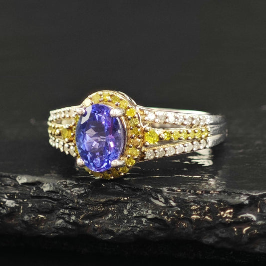 Tanzanite White & Yellow Diamond Sterling Silver Ring Sz 5 R6587