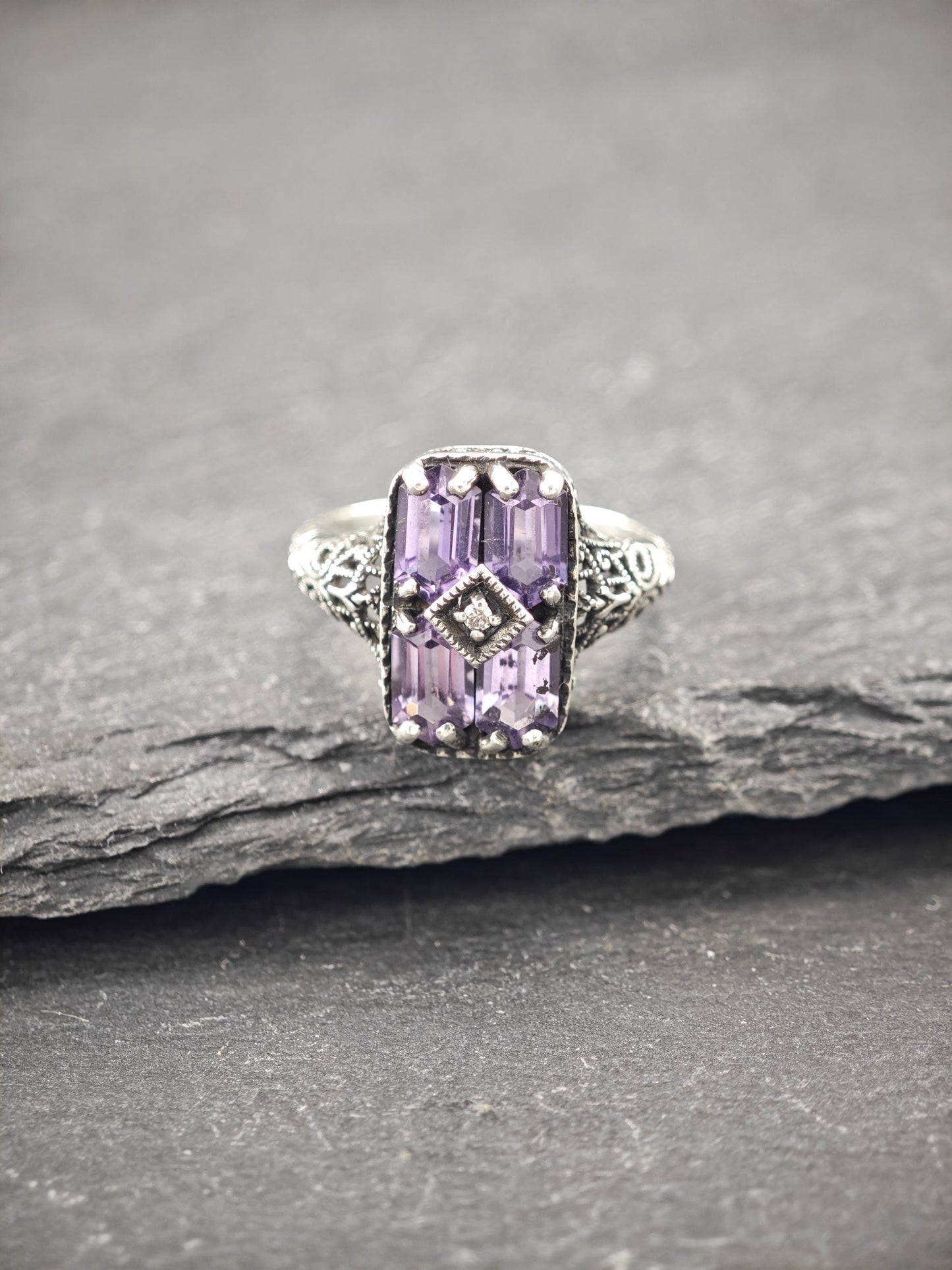 Art Deco Style Amethyst, Diamond Chip Ring Sterling Silver