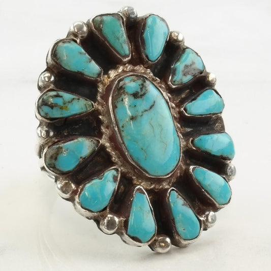 Vintage Native American Silver Ring Turquoise Cluster Sterling Size 9