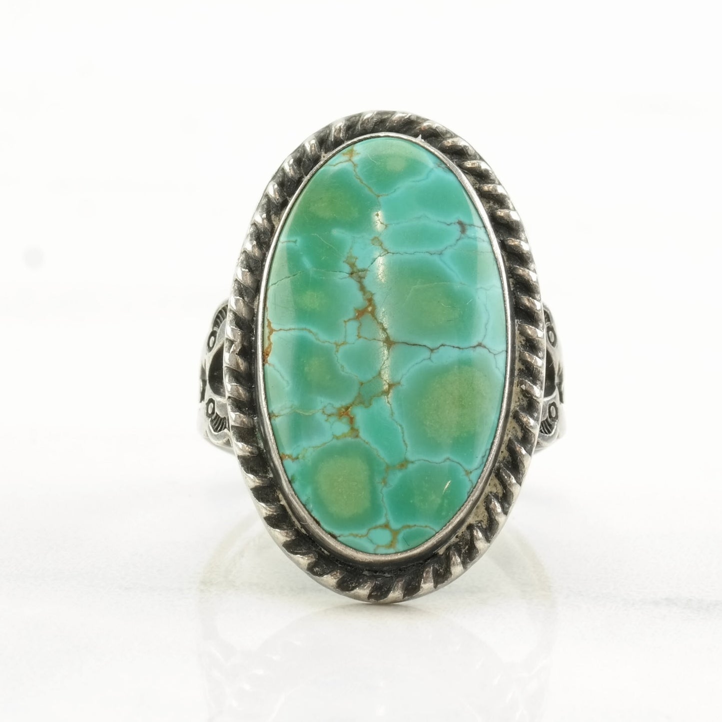 OOAK, Native American Silver Ring Spiderweb Turquoise Stamped Sterling Size 7 1/2