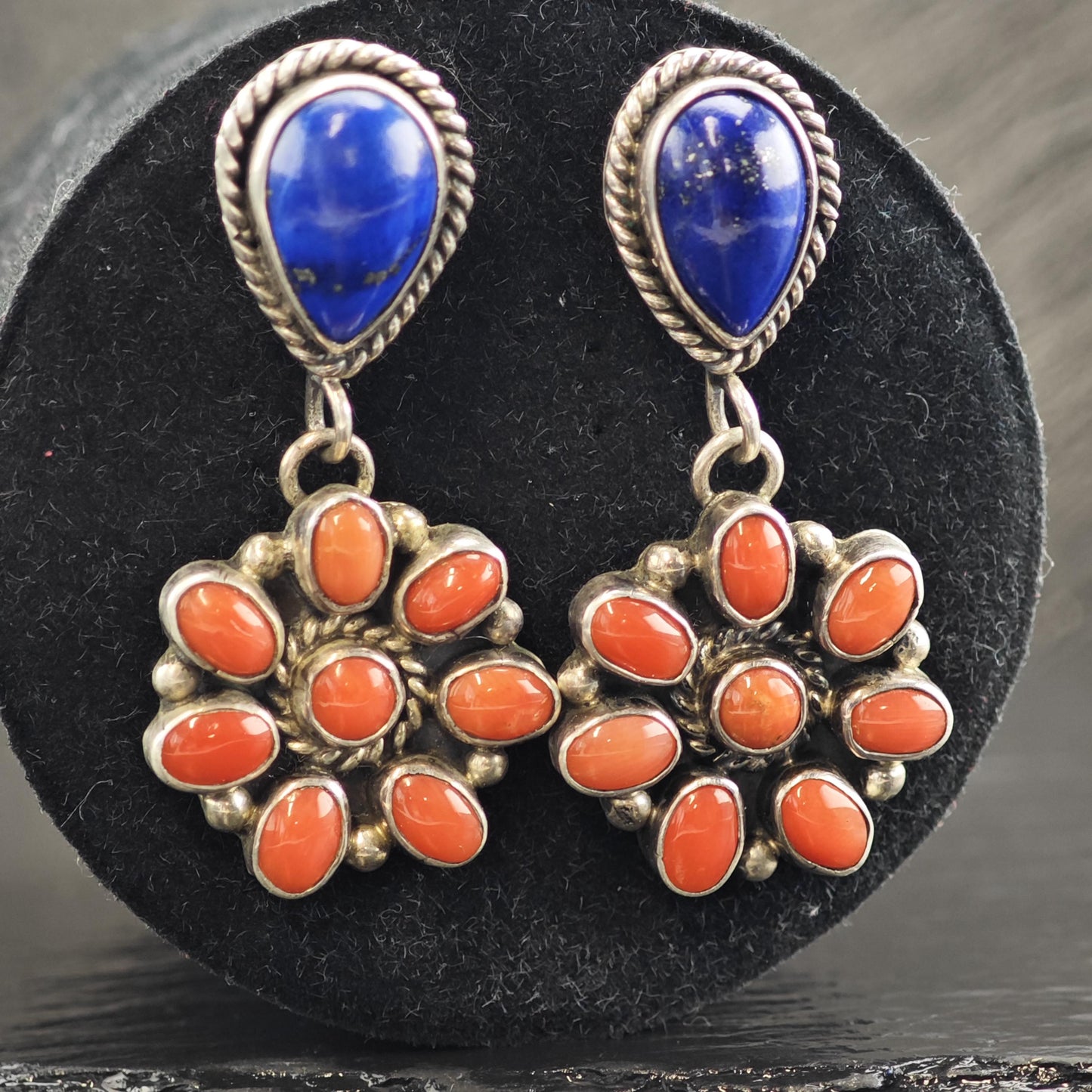 SW Lapis & Coral Floral Stud/Dangle Sterling Silver Earrings ER3170