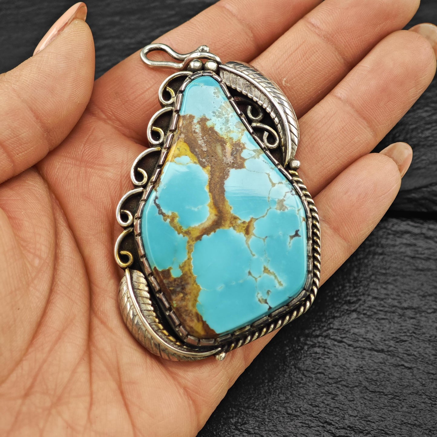 Lg Navajo Turquoise Feather Pendant Sterling Silver P2836
