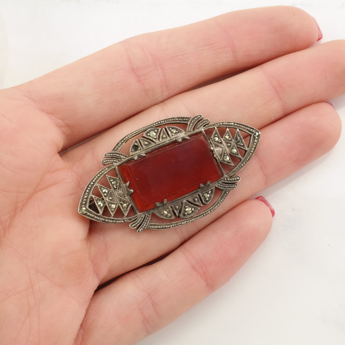 Art Deco Sterling Silver Brooch Carnelian Marcasite