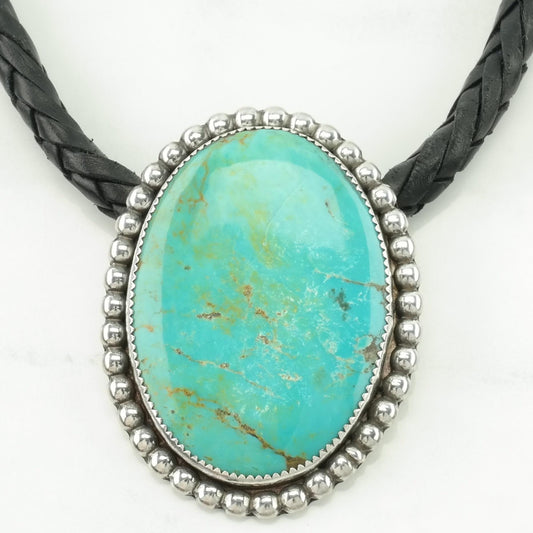 Vintage Southwest Sterling Silver Blue Turquoise Leather Cord Necklace