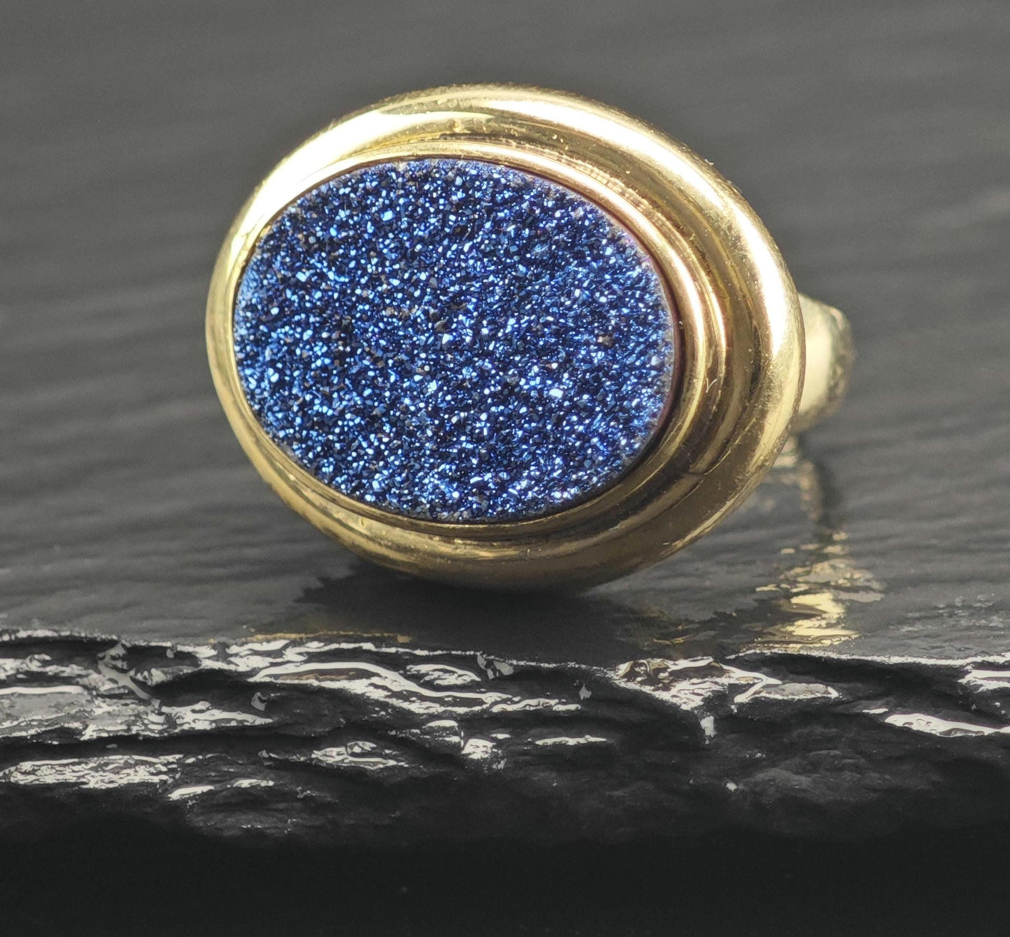 Blue Druzy Gold Plated Sterling Silver Ring Sz 6 1/4 R6678