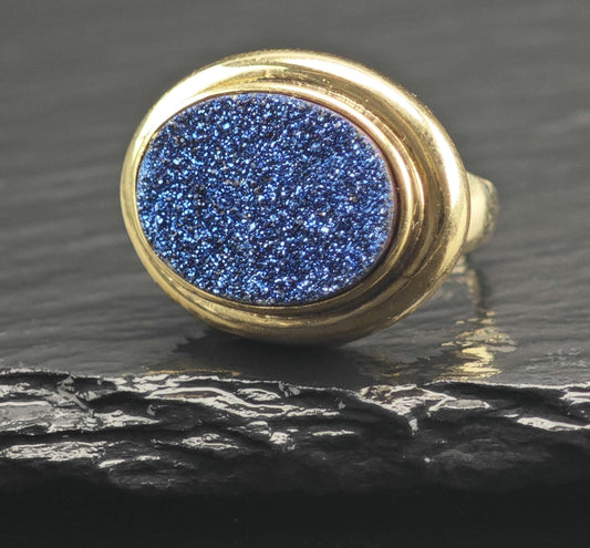 Blue Druzy Gold Plated Sterling Silver Ring Sz 6 1/4 R6678