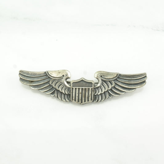 WWII Sterling Silver Brooch 3" Size, Large Pilot, Airforce, Wings