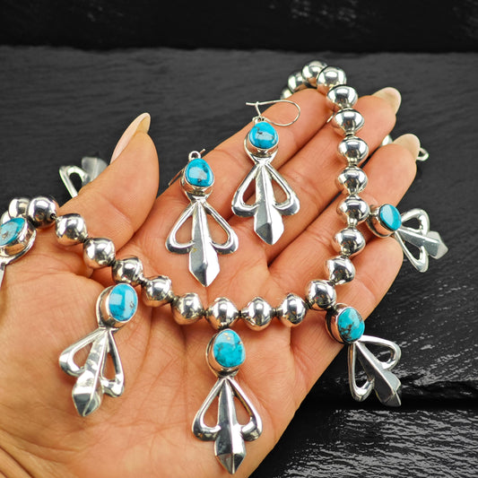Native American Turquoise Beaded Necklace Earring Set - Sterling Silver Jewelry