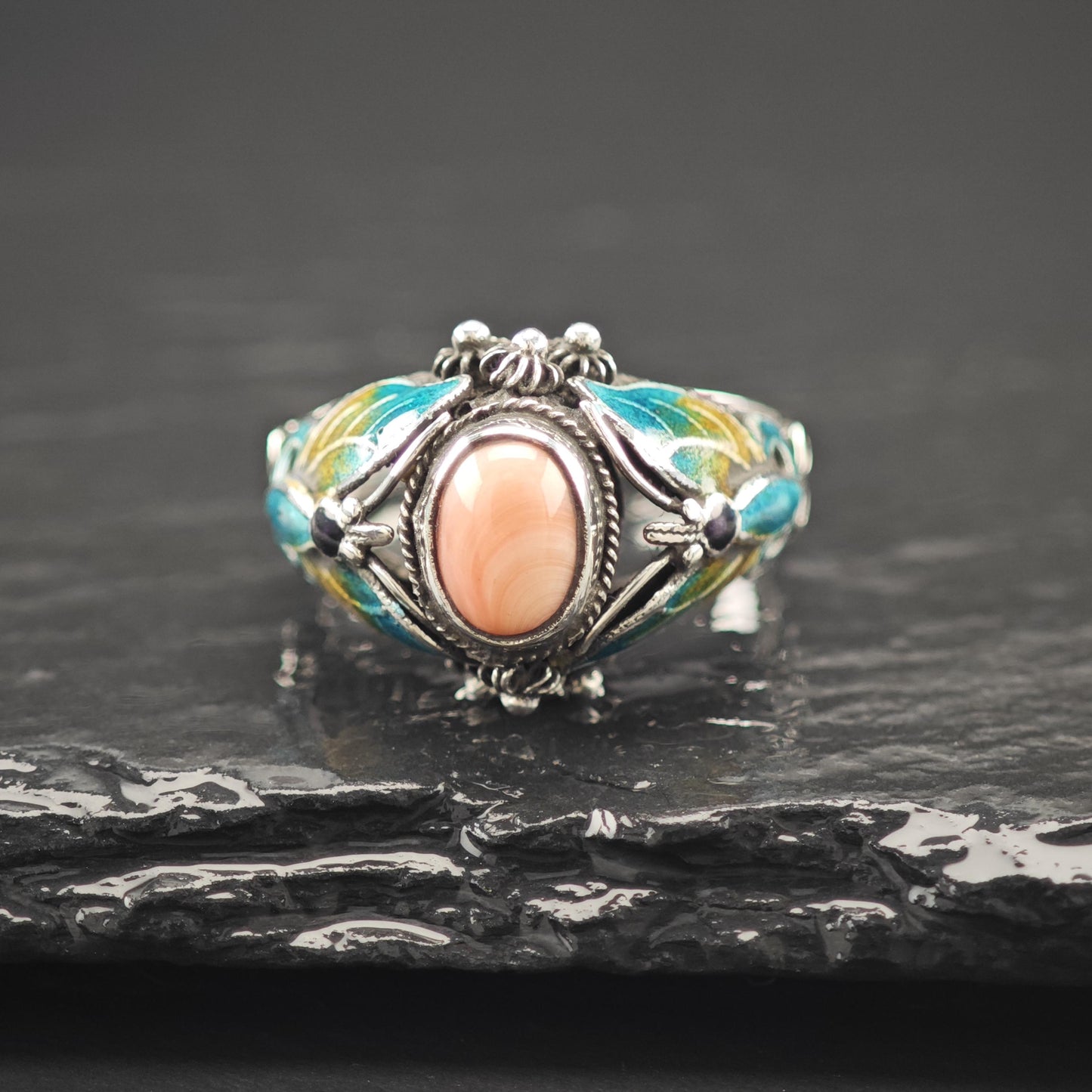 Chinese Export Enamel Conch Butterfly Ring Sterling Silver