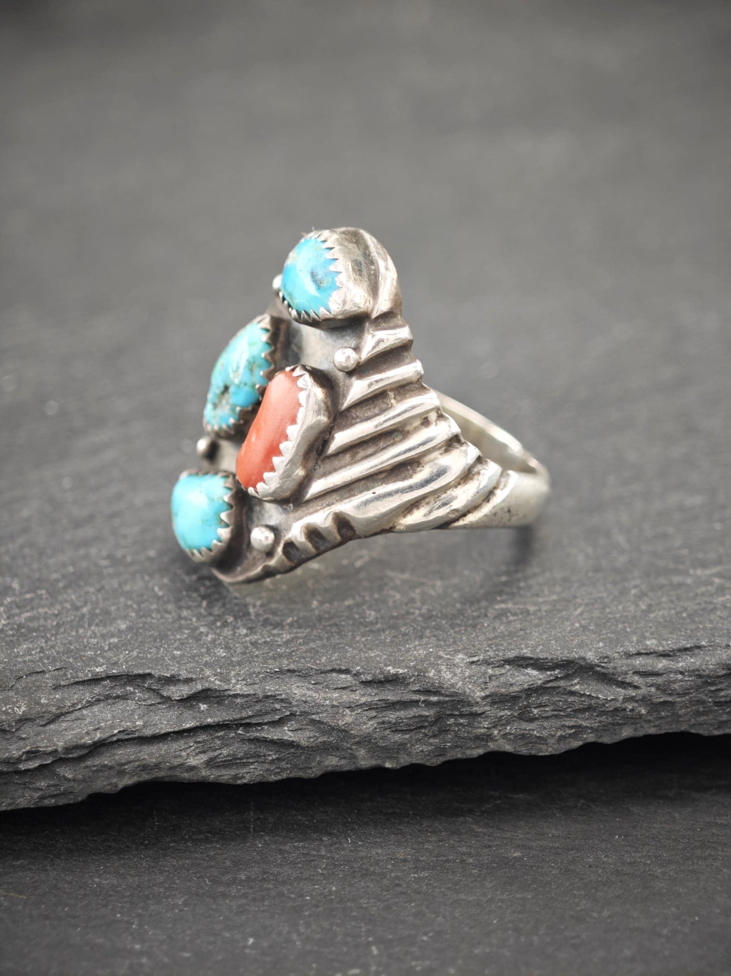 Native American, Coral, Turquoise Ring Sterling Silver