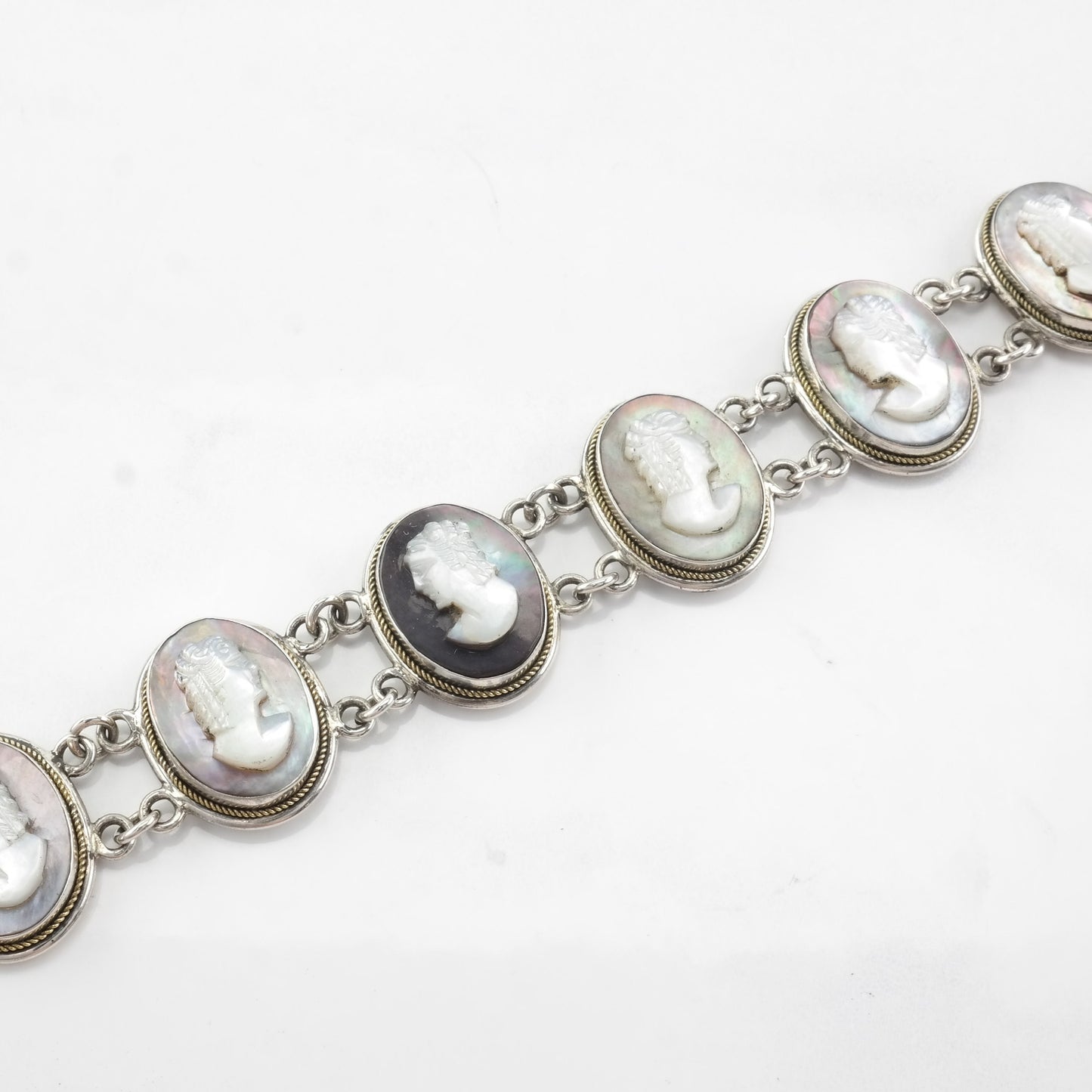 Vintage Cameo Bracelet 800 Sterling Silver Link Abalone Portrait