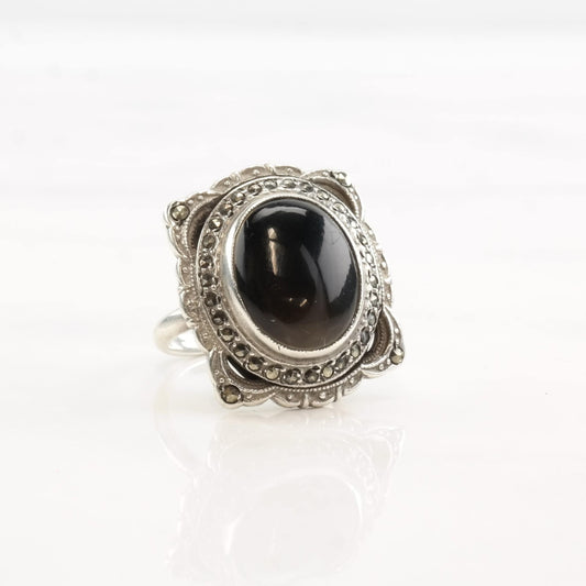 Art Deco Silver Ring Onyx Marcasite Oval Sterling Black Size 4 1/2