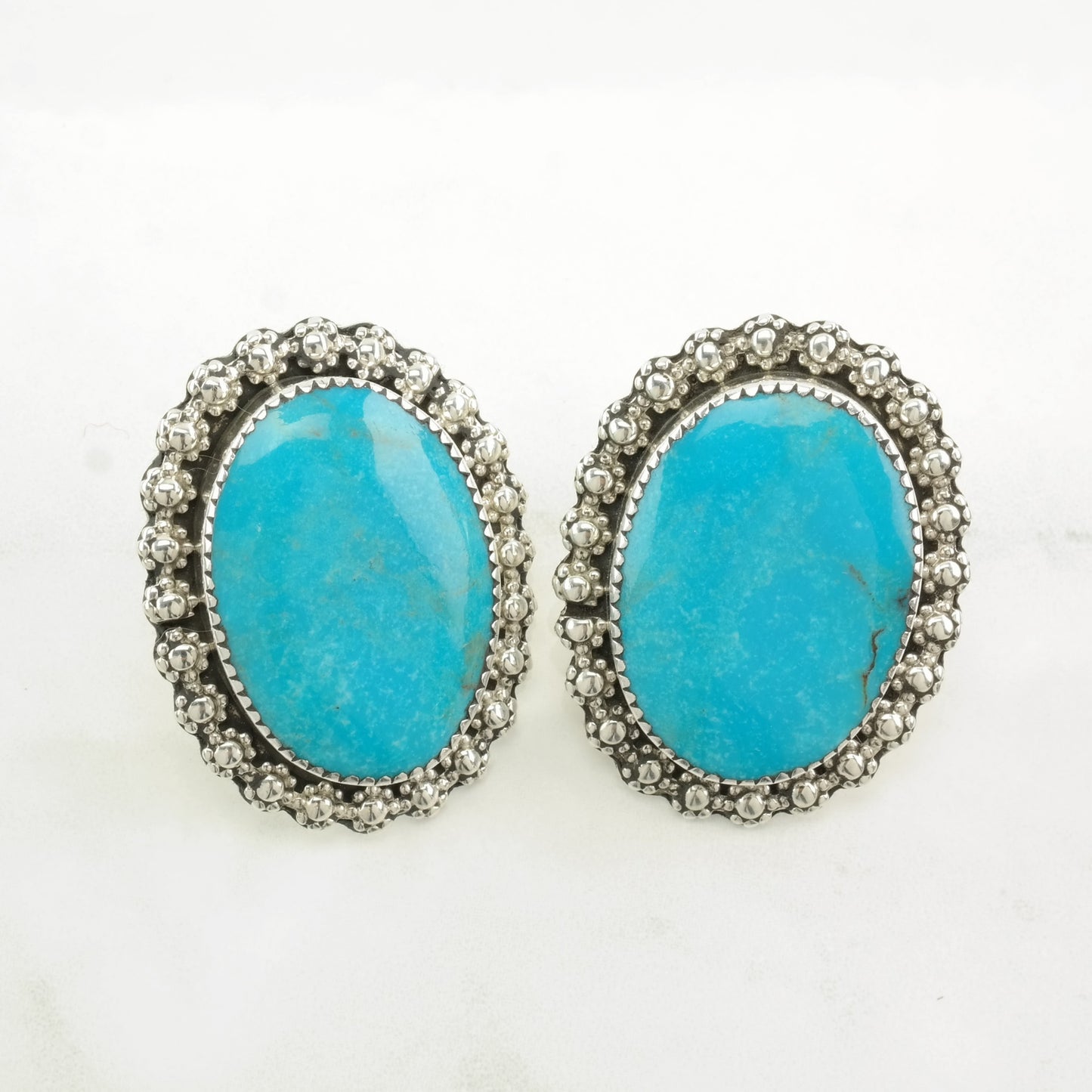 Native American Sterling Silver Large Turquoise Earrings Stud