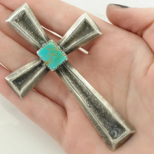 Vintage Native American Turquoise, Tufa Cast Large Cross Sterling Silver Pendant