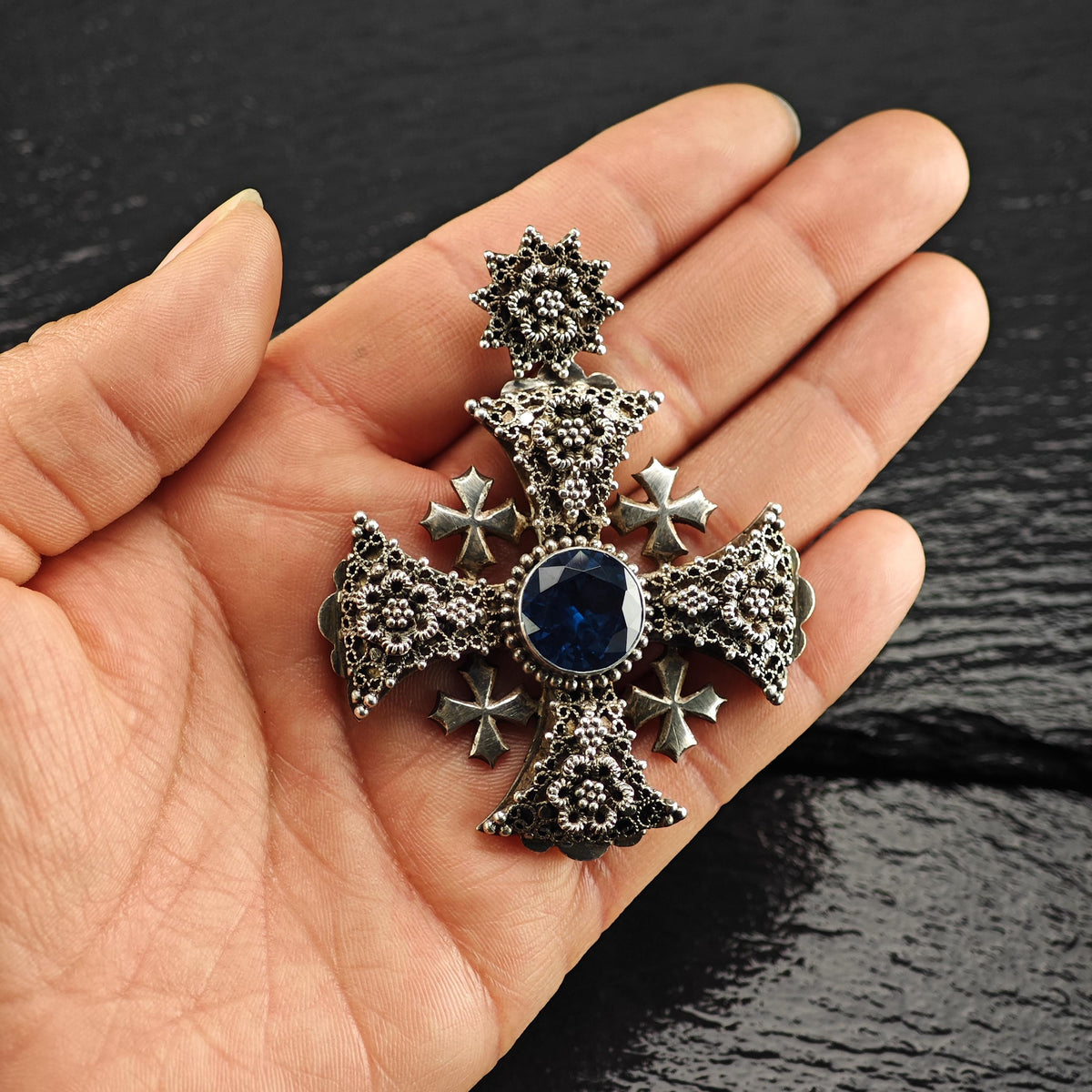 Jerusalem Cross Pendant Synthetic Spinel Sterling Silver P3154