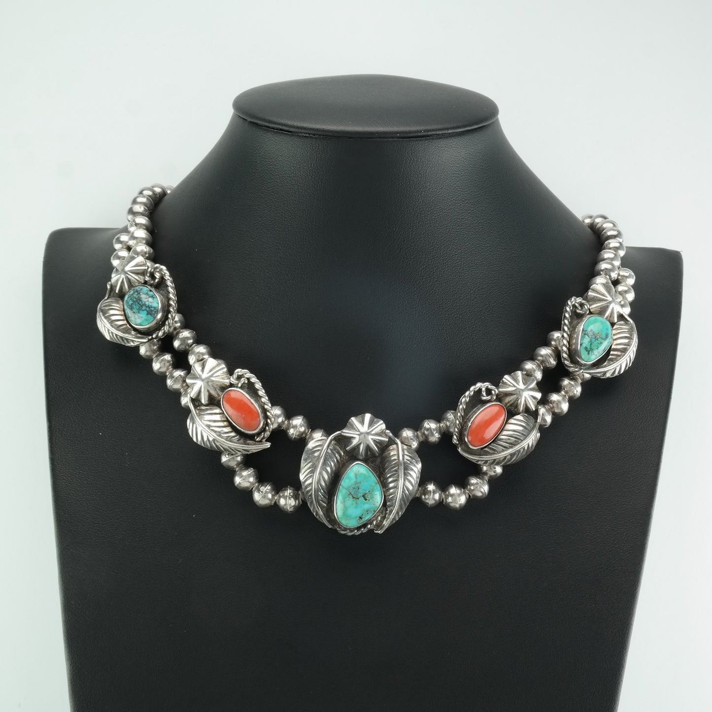 Native American Sterling Silver Turquoise Coral Leaf Beaded Spiderweb Necklace