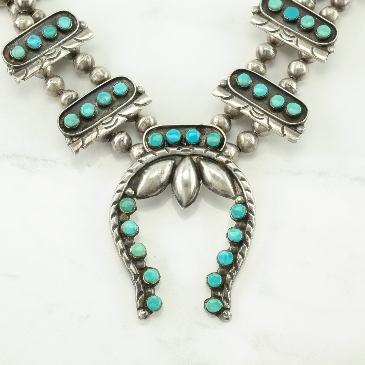 Native American Sterling Silver Blue Turquoise Cluster Squash Blossom Necklace