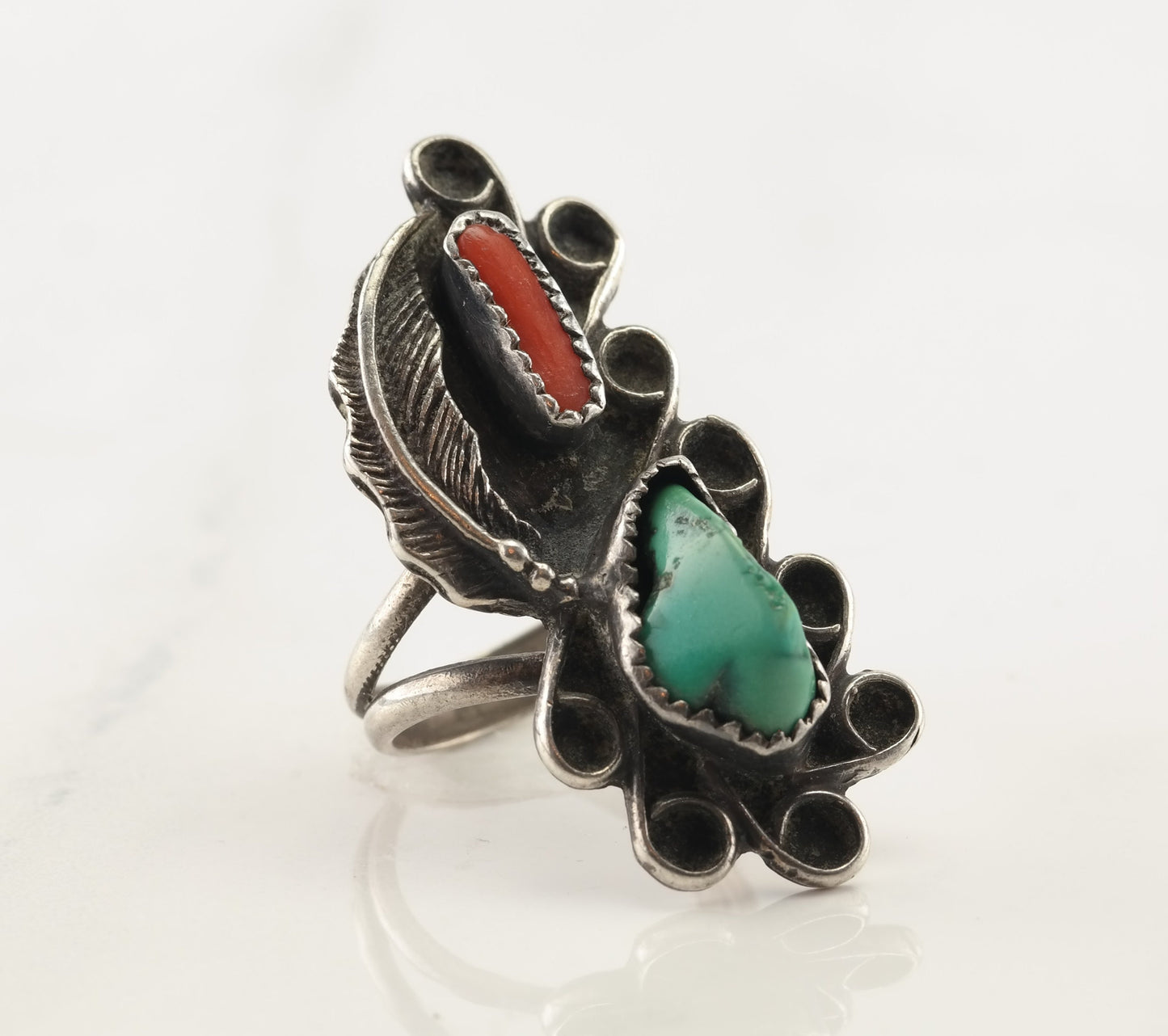 Native American Silver Ring Turquoise, Coral Sterling Size 6 1/2