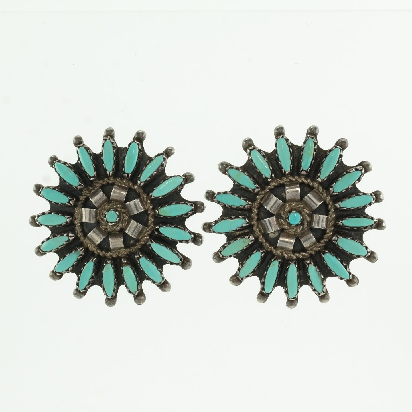 Native American Sterling Silver Blue Turquoise Petit Point, Floral Earrings Stud