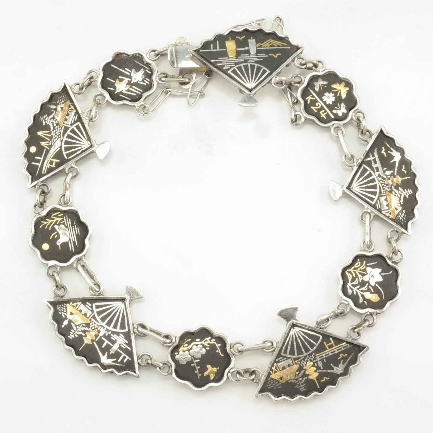 Vintage WWII Era Sterling Silver Beaded Bracelet Fans, Floral