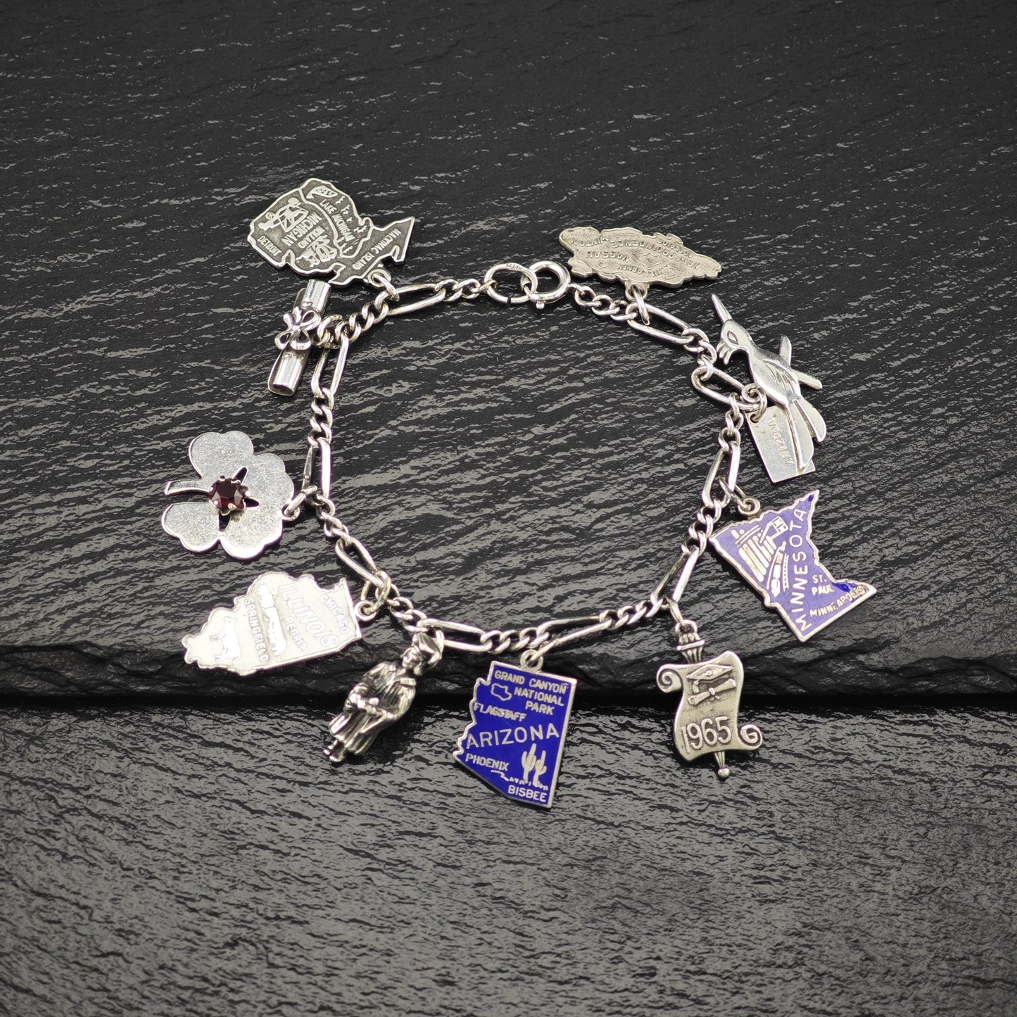 Enamel State Charm Bracelet Sterling Silver 6 3/4" BR3007
