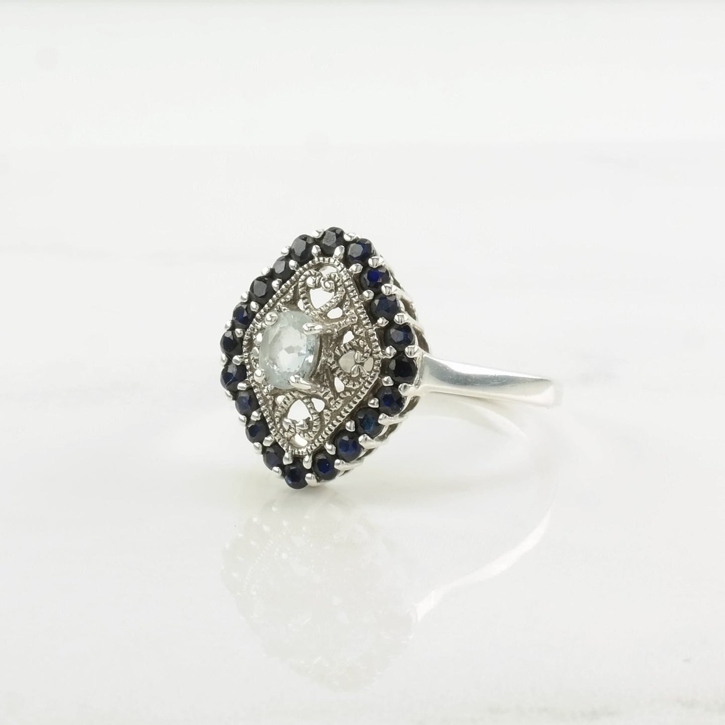 Sterling Silver Ring Aquamarine Sapphire, Filigree Dark Blue Size 10