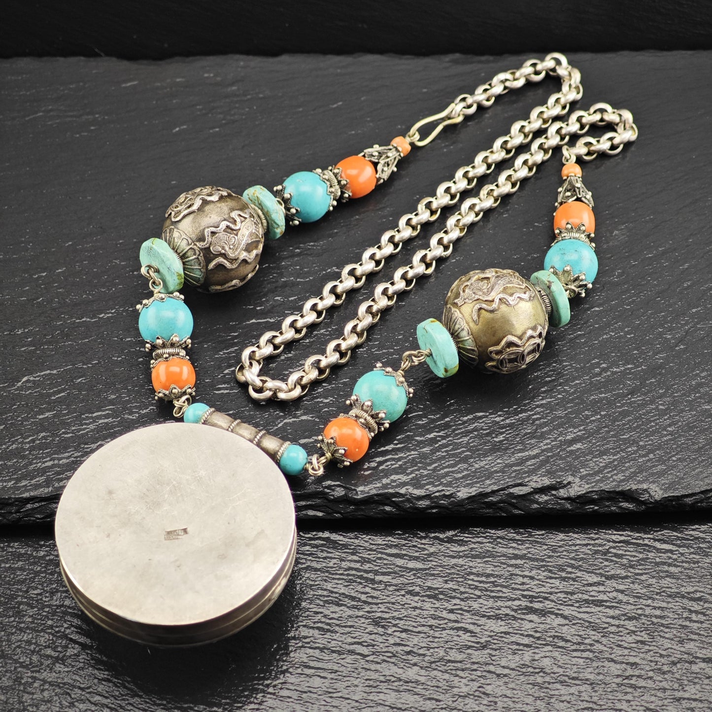 Authentic Nepalese Turquoise, Coral Lg Locket Necklace Sterling Silver N2577