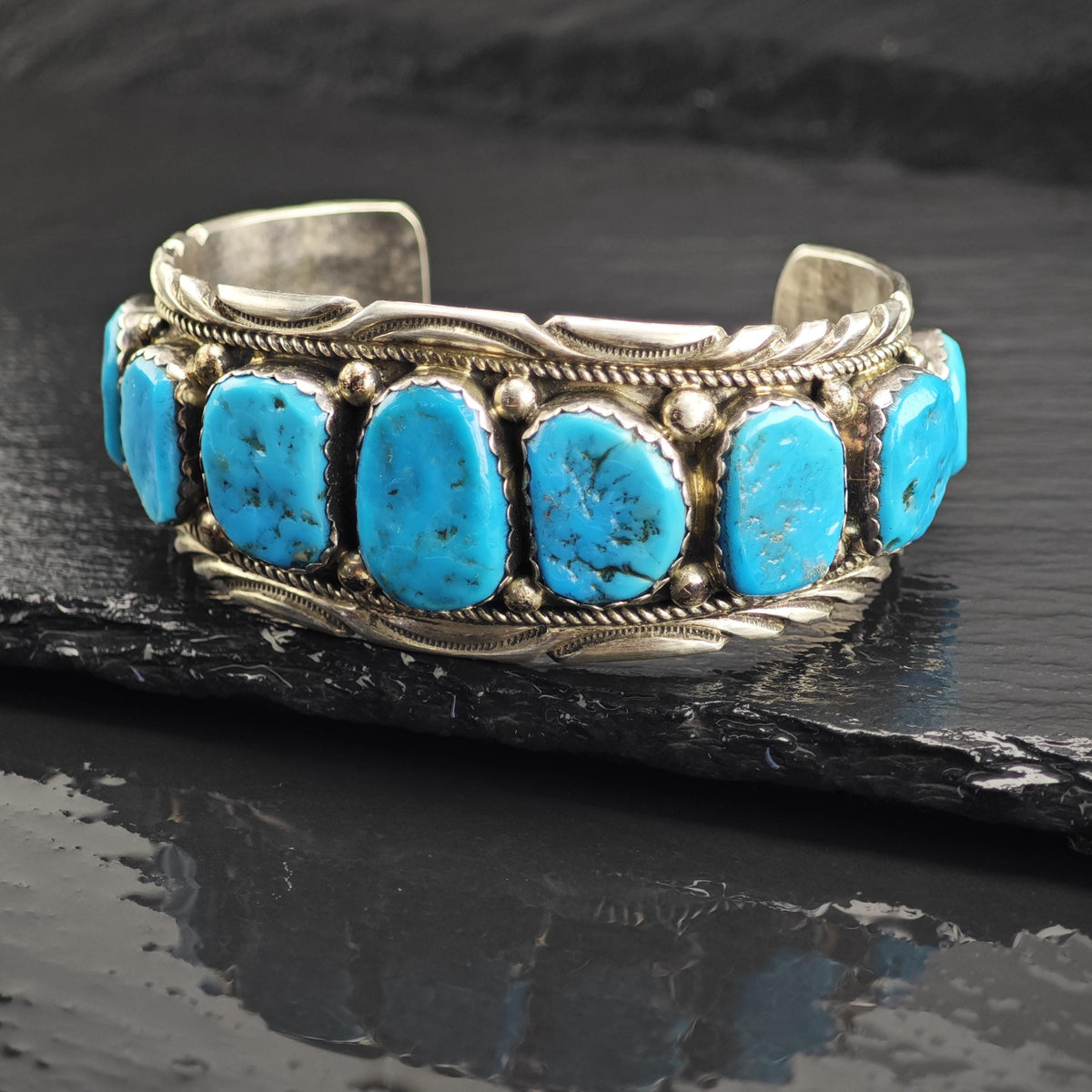 Vintage Navajo, Sleeping Beauty 9 Stone Turquoise Sterling Silver Cuff Sz 7" BR3128