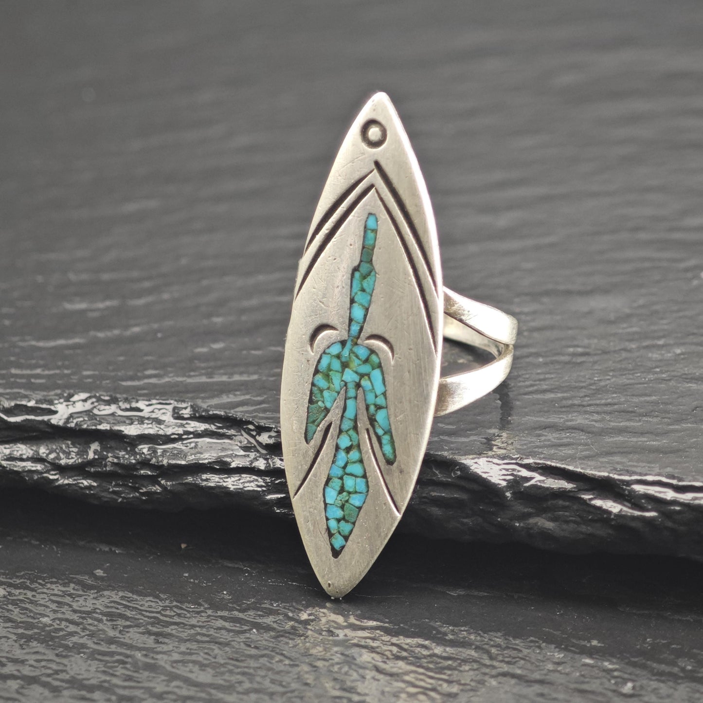 Native American Turquoise Inlay Thunderbird Sterling Silver Ring Sz 5 1/2 R6652
