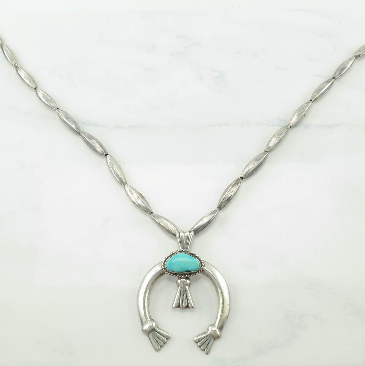 Native American Sterling Silver Blue Turquoise Sandcast, Naja Necklace