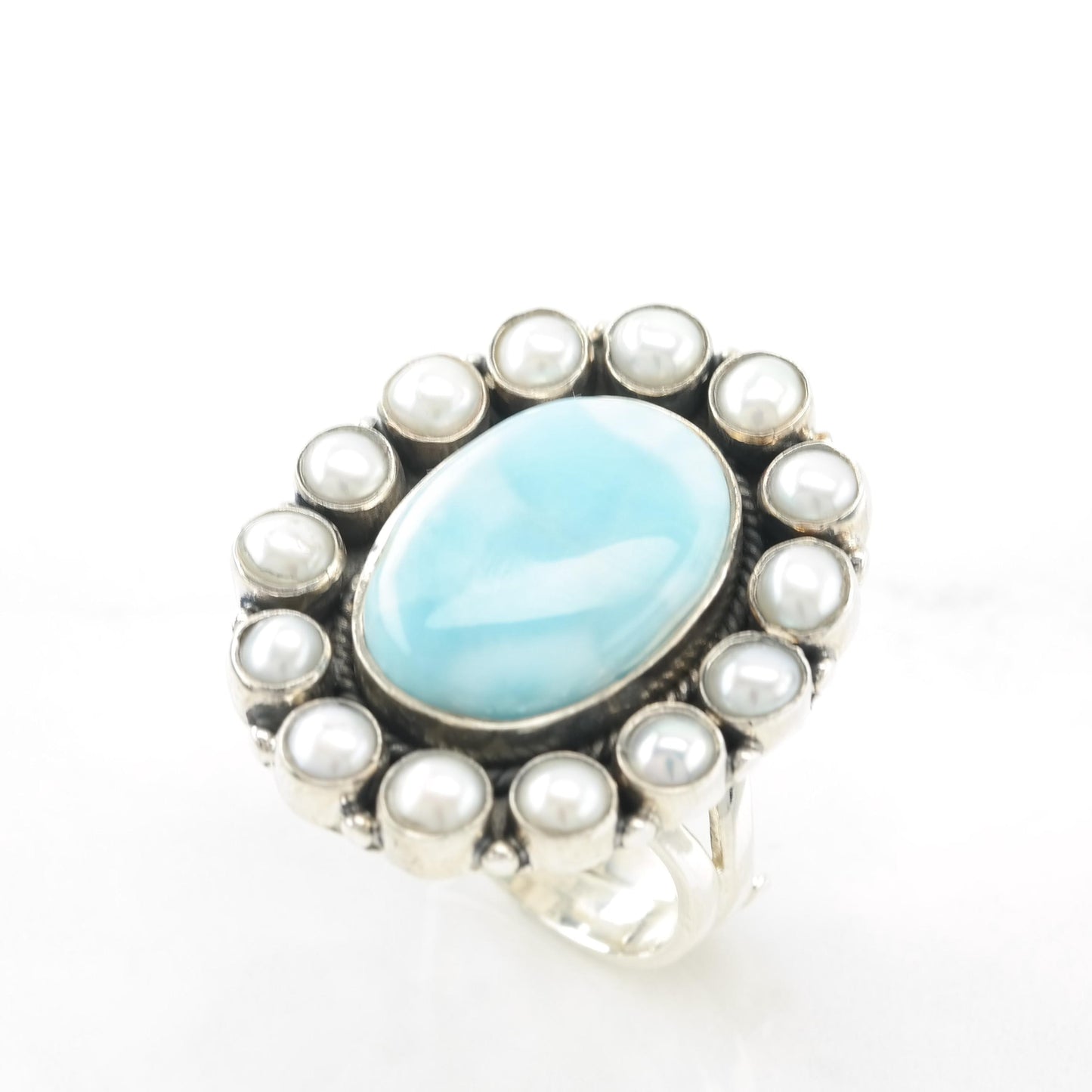 Vintage Large Sterling Silver Larimar Pearl Ring Adjustable