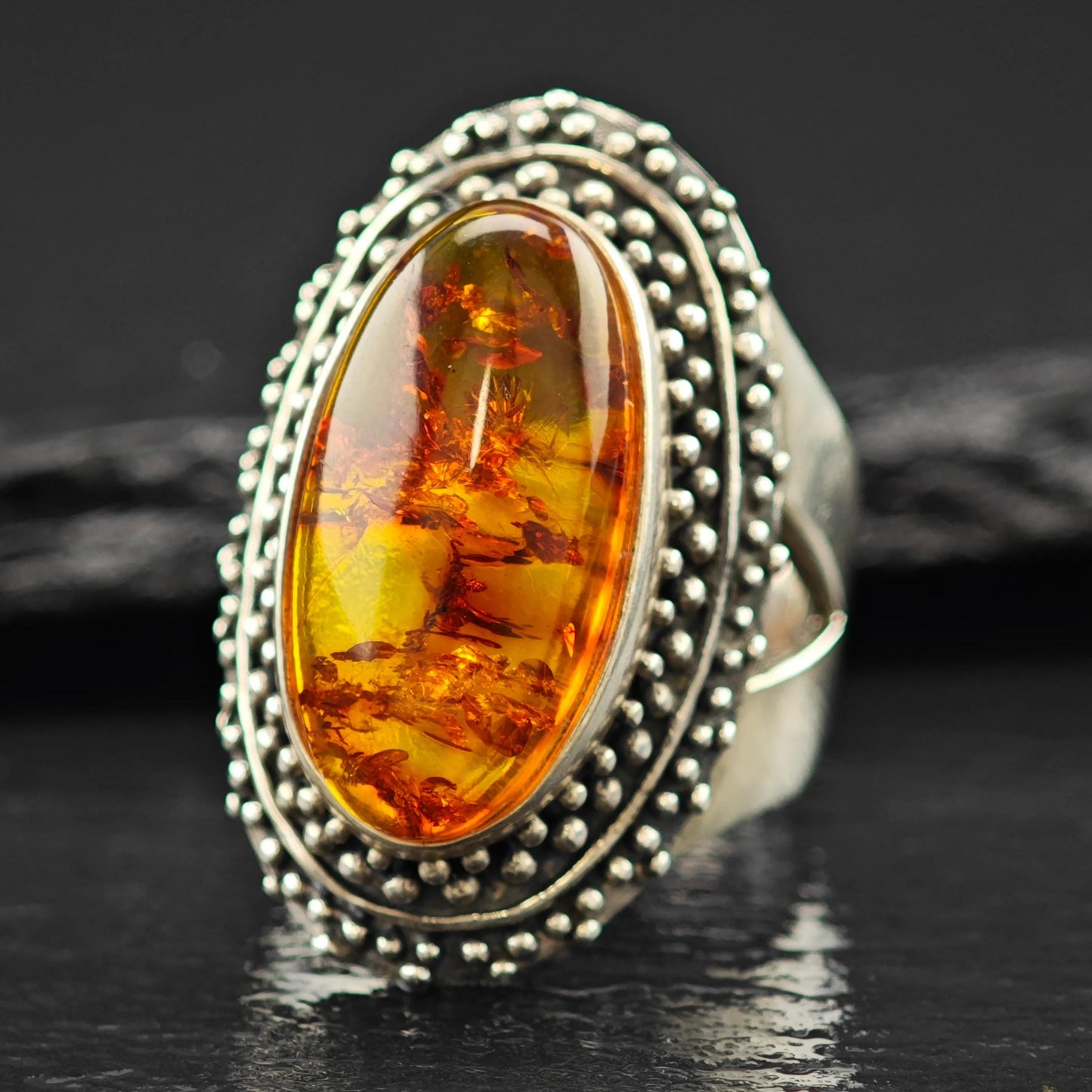 Oval Amber Ring Sterling Silver Statement Jewelry Size 6 R6091