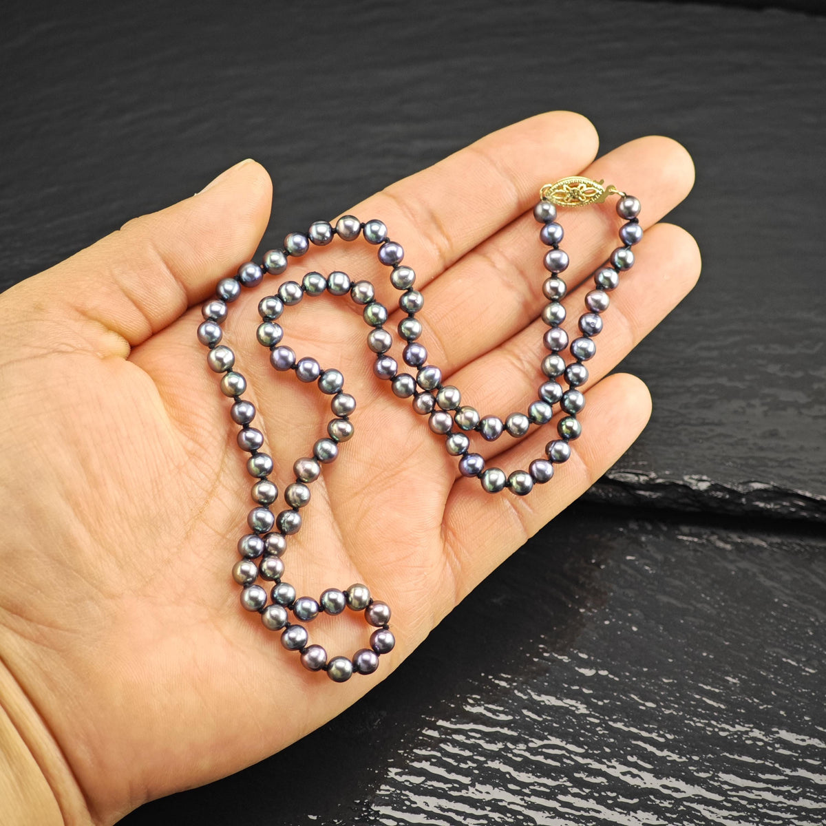 Dark Blue 4.5mm Pearls 14K Gold Clasp Beaded Necklace N2774