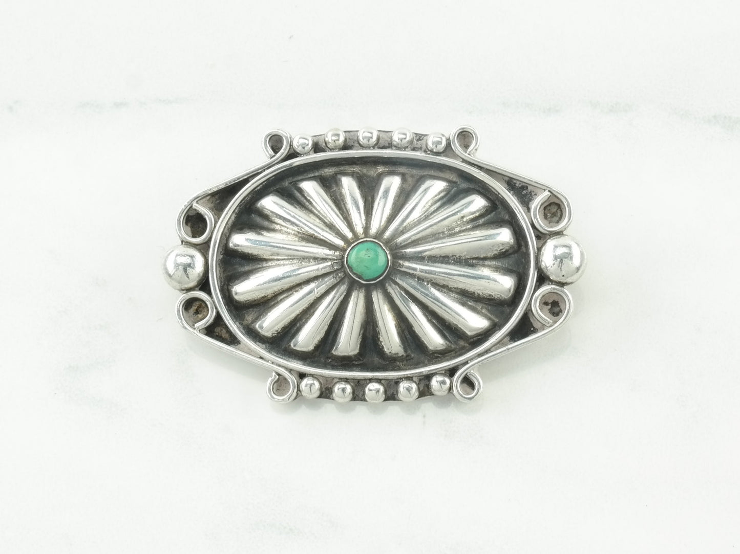 Southwestern Native American Sterling Silver Green Turquoise Brooch Concho