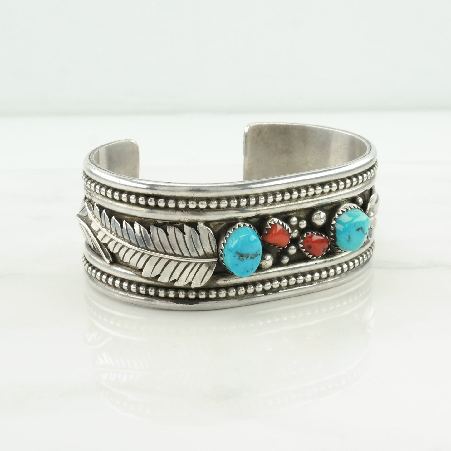 Native American Sterling Silver Cuff Bracelet Blue, Red Turquoise, Coral Leaf