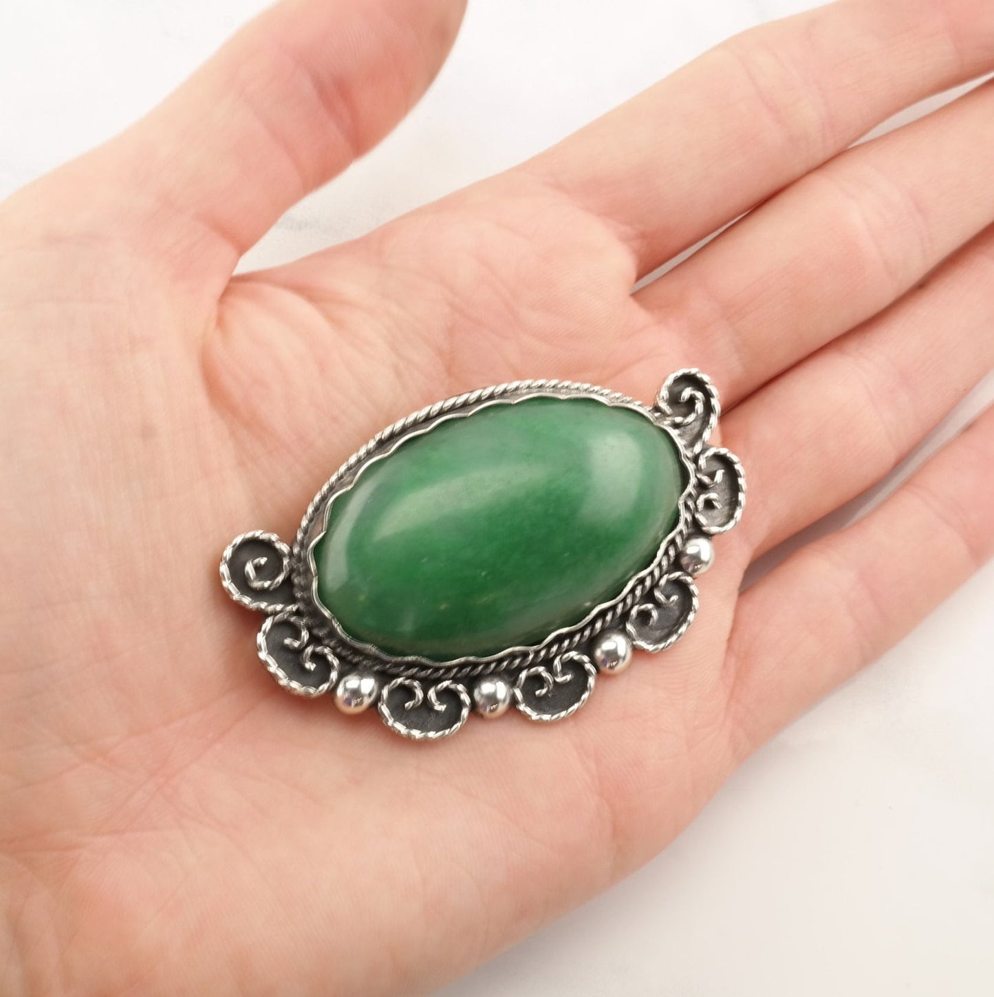 Taxco Sterling Silver Brooch Large Oval Guatemalan Jade