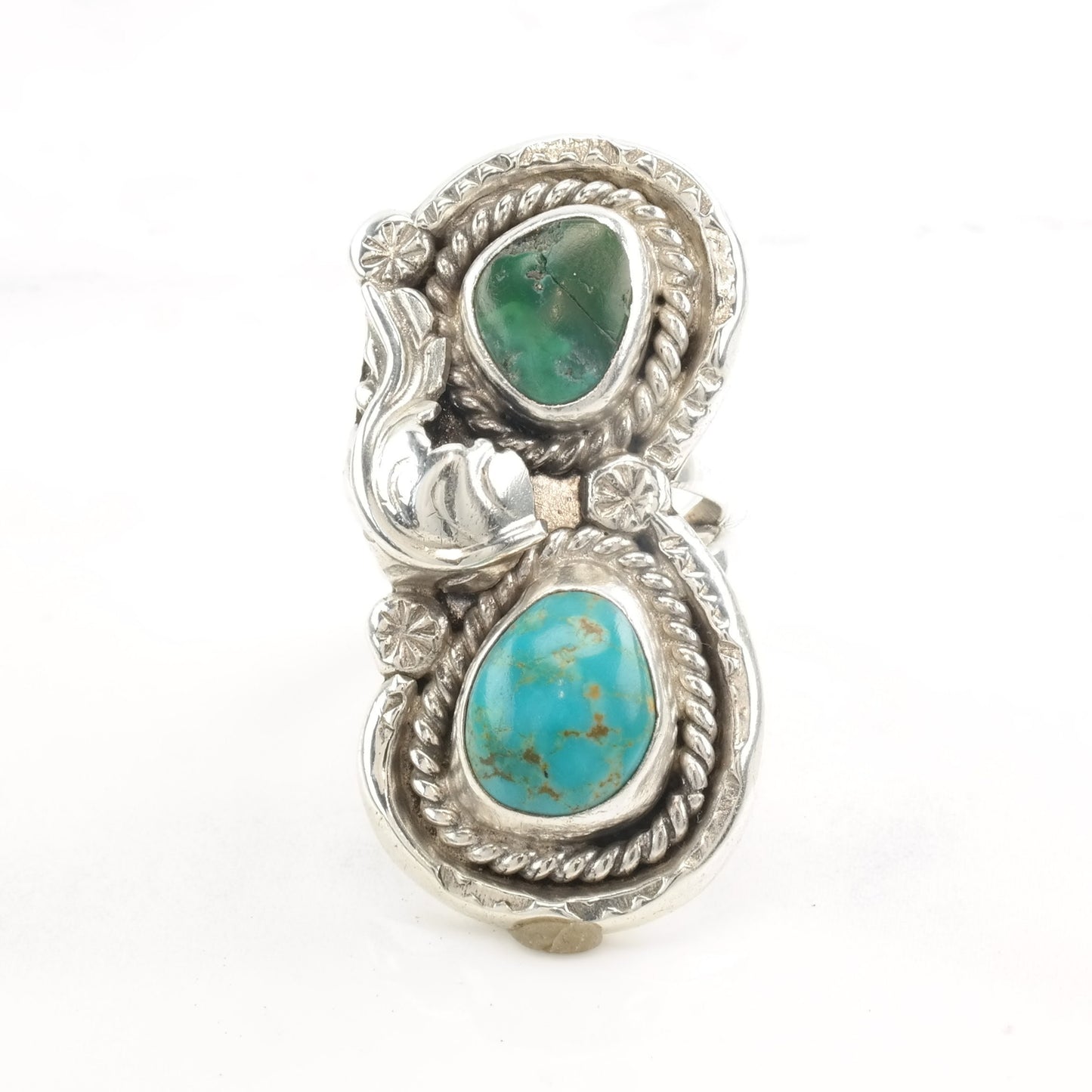 Native American Silver Ring Two Turquoise Leaf Size 6 3/4