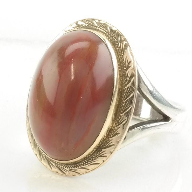 Vintage Sterling Silver Ring Agate Gold Toned Accents Red Size 7