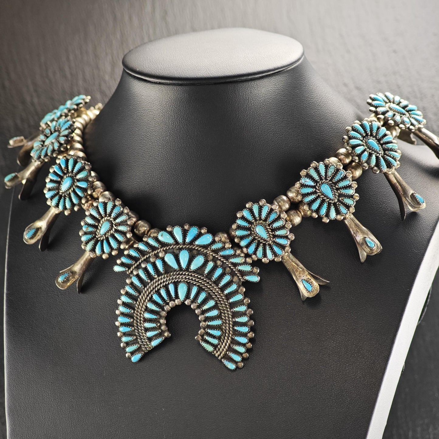 Vintage Navajo, Turquoise Floral Sterling Silver Squash Blossom Necklace