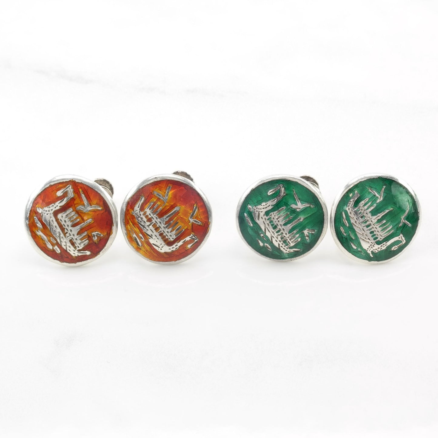 Vintage Sterling Silver Green Orange Niello Siam Screw Back Earrings Enamel