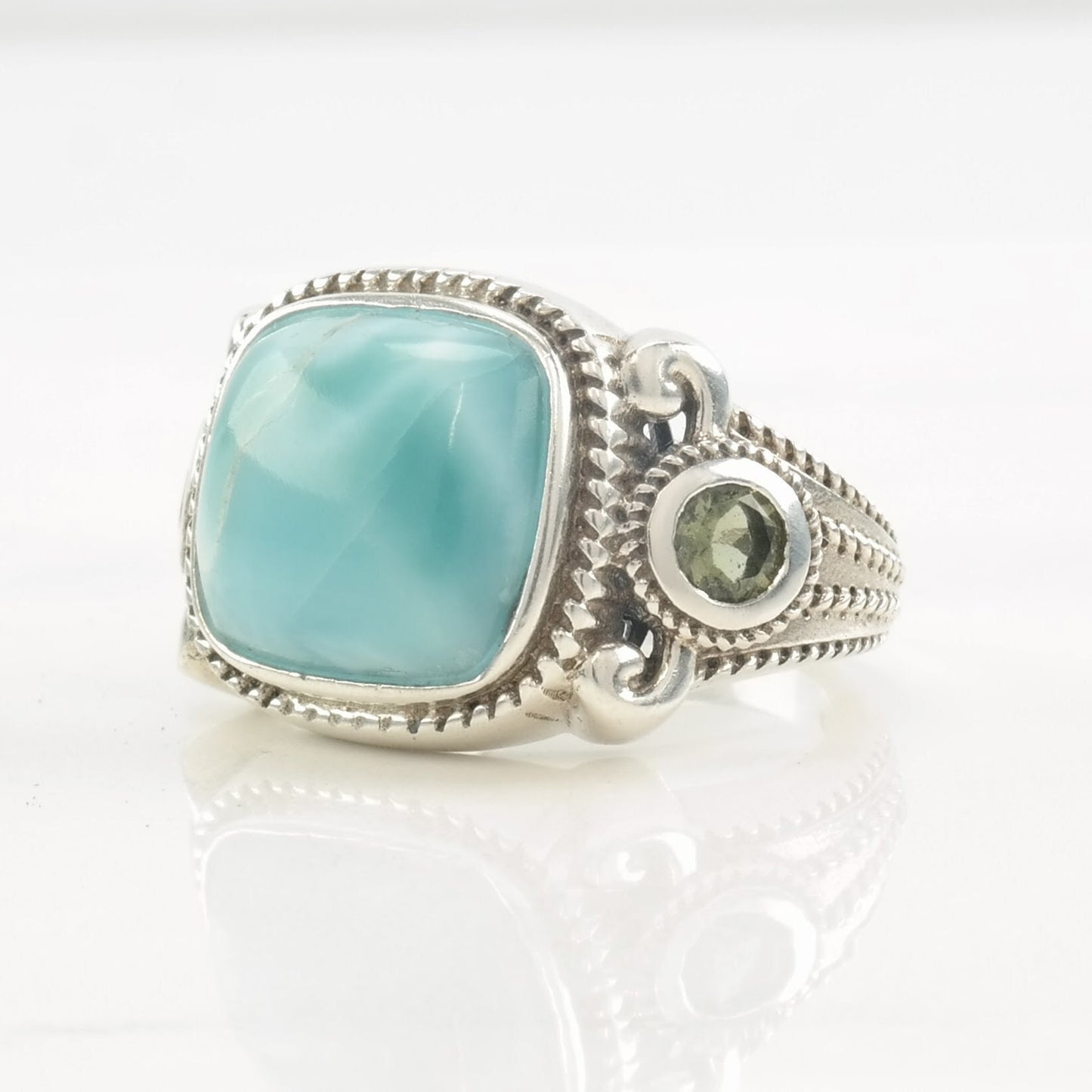 Designer Ring Larimar, Peridot Sterling Silver Size 6 3/4