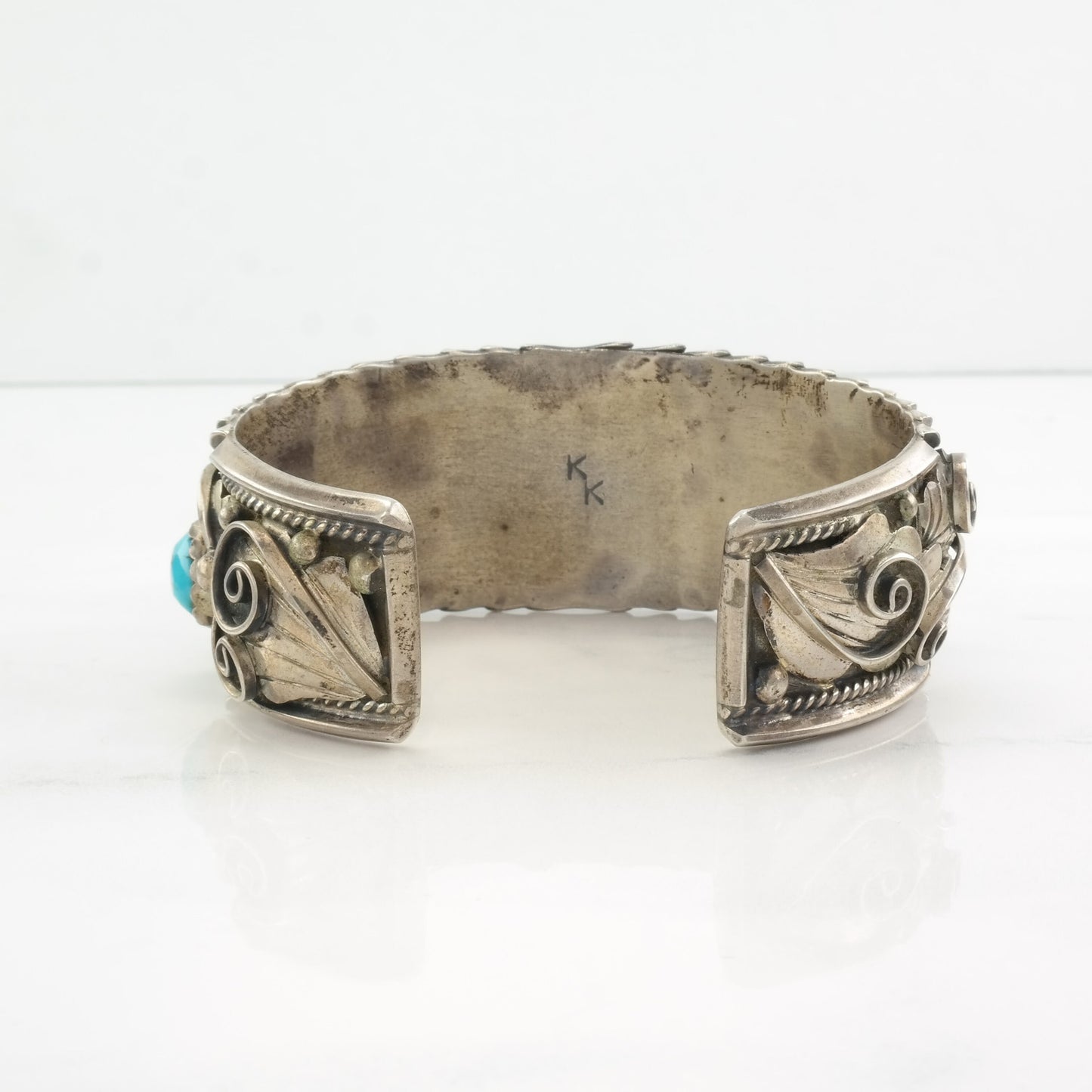 Native American Sterling Silver Cuff Bracelet Blue Turquoise Floral, Feather