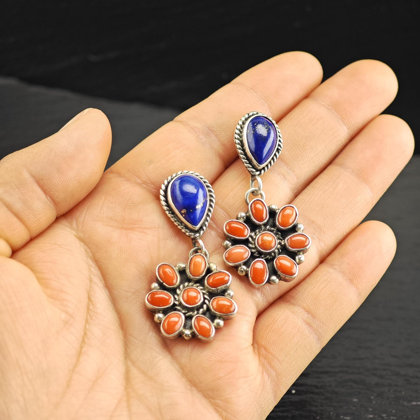 SW Lapis & Coral Floral Stud/Dangle Sterling Silver Earrings ER3170