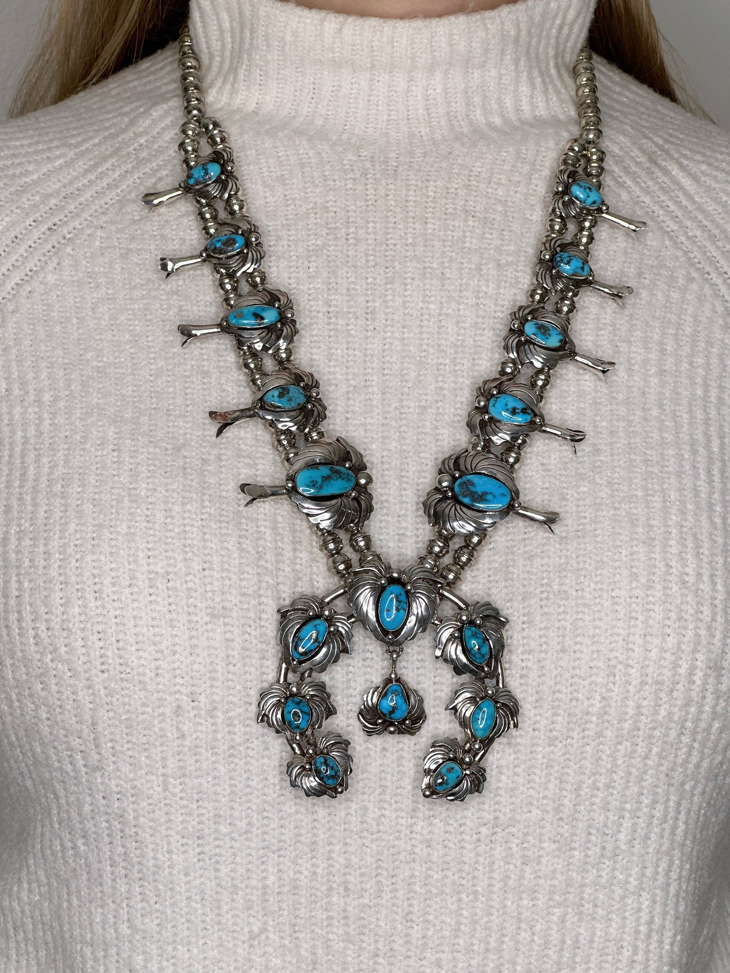Vintage Native American Sterling Silver Blue Turquoise Squash Blossom Necklace Earrings Set