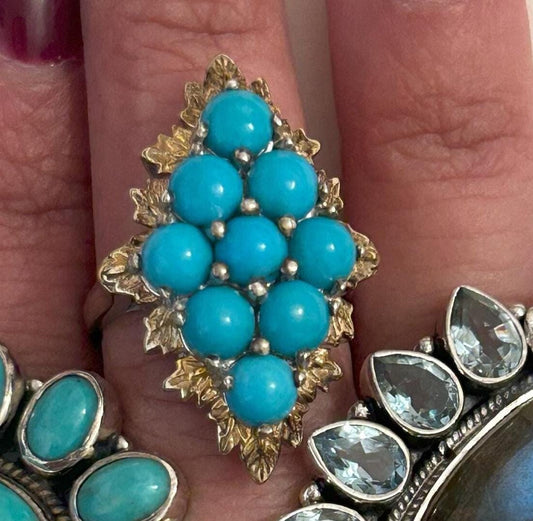 Vintage Sterling Silver Ring Created Turquoise Cluster Gold Plated Top Blue Size 6