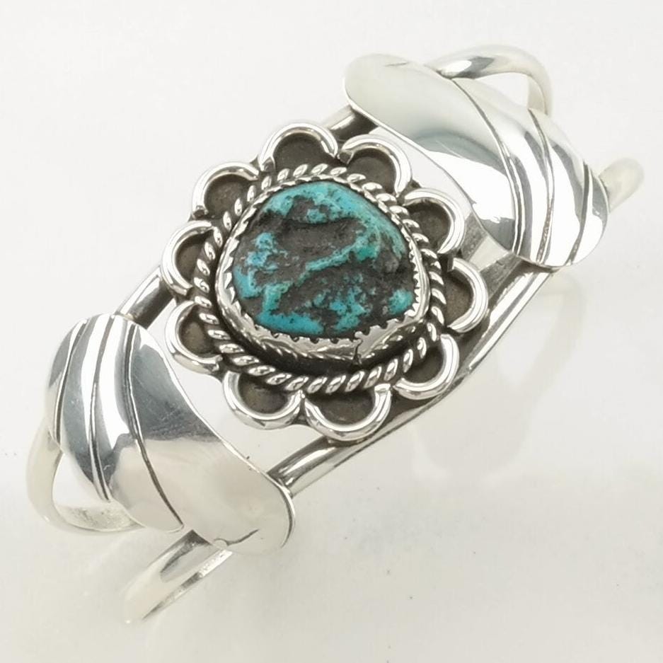 Vintage Southwest Sterling Silver Cuff Bracelet Blue Turquoise Floral