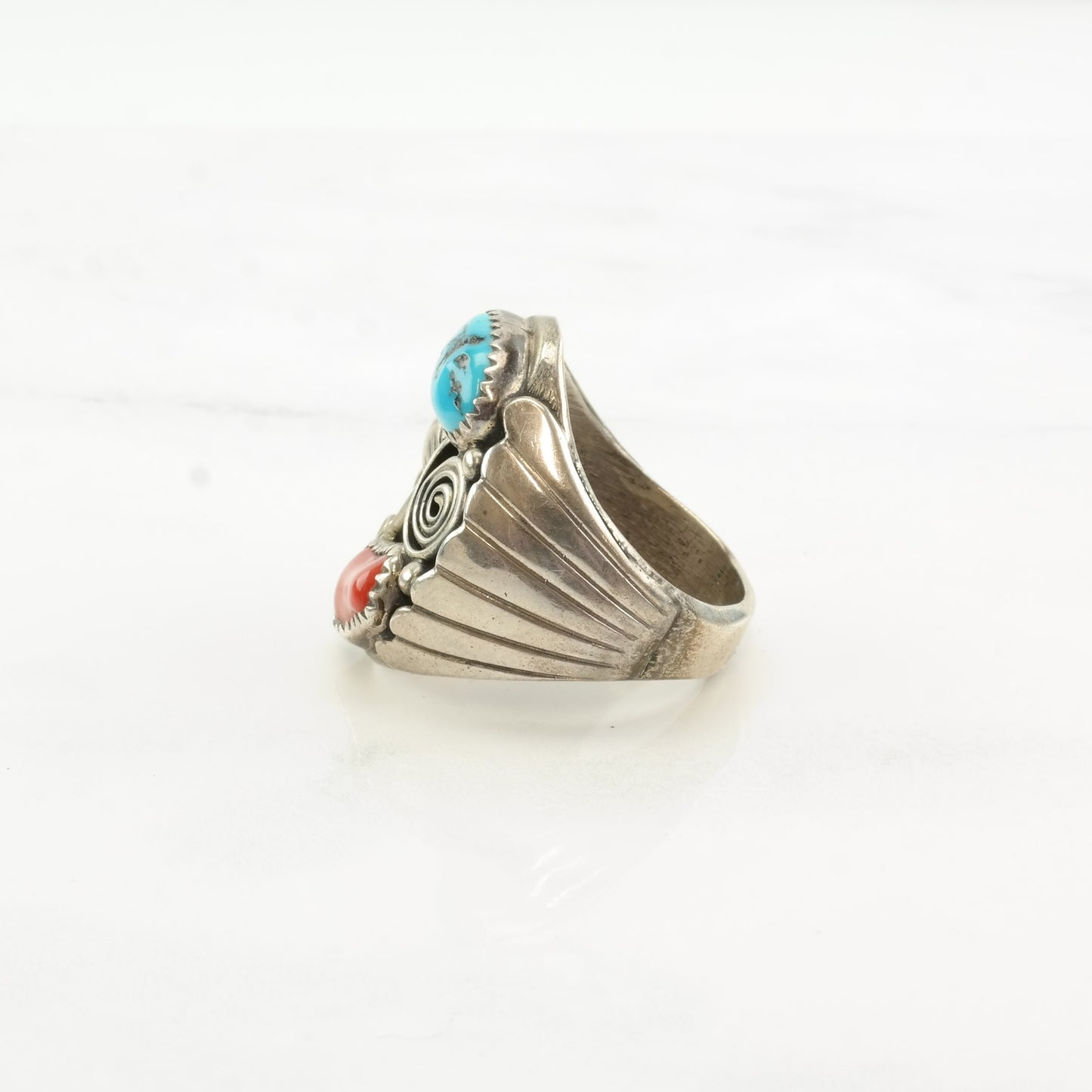 Native American Silver Ring Turquoise Coral Leaf Swirl Sterling Size 11