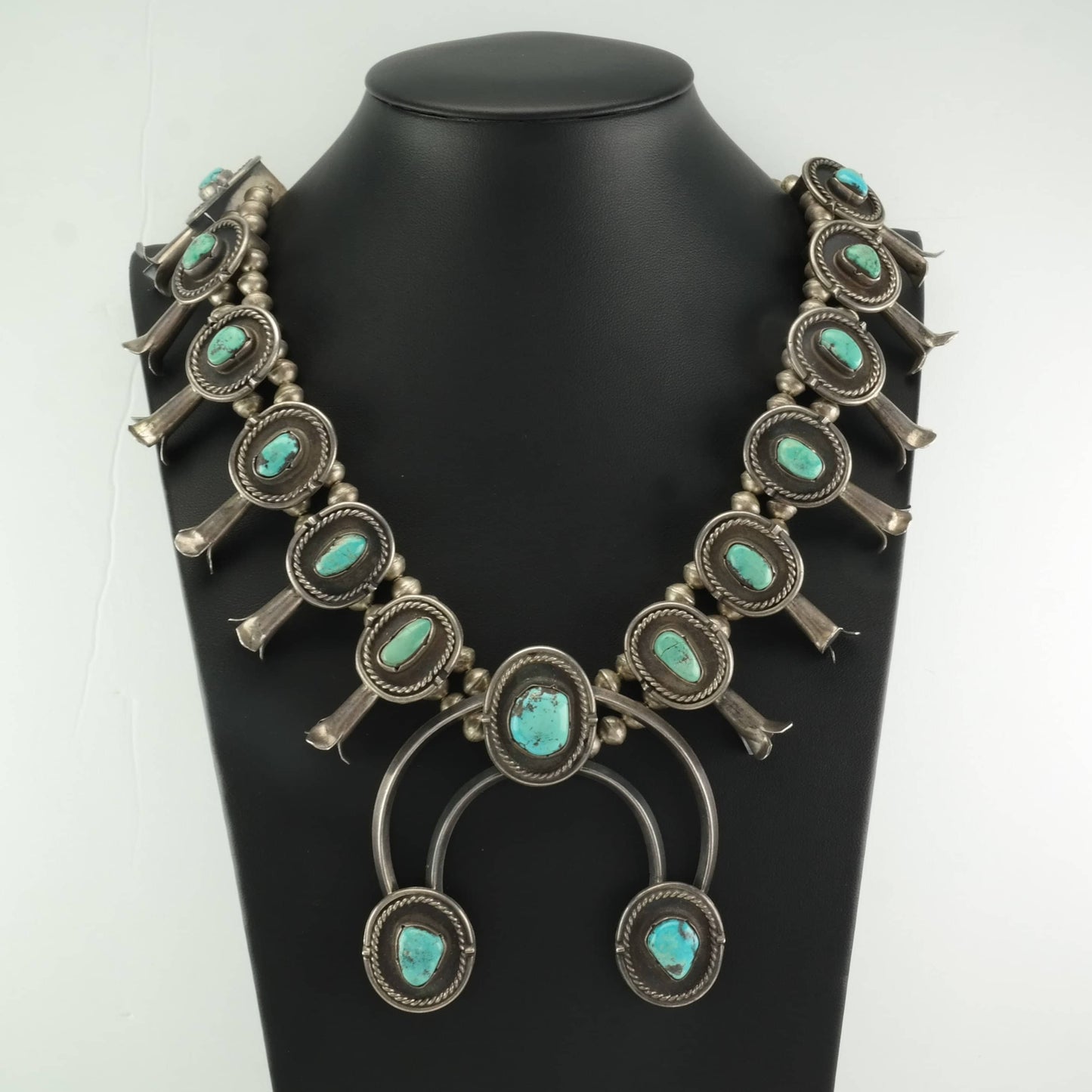 Native American Sterling Silver Blue Turquoise Squash Blossom Necklace